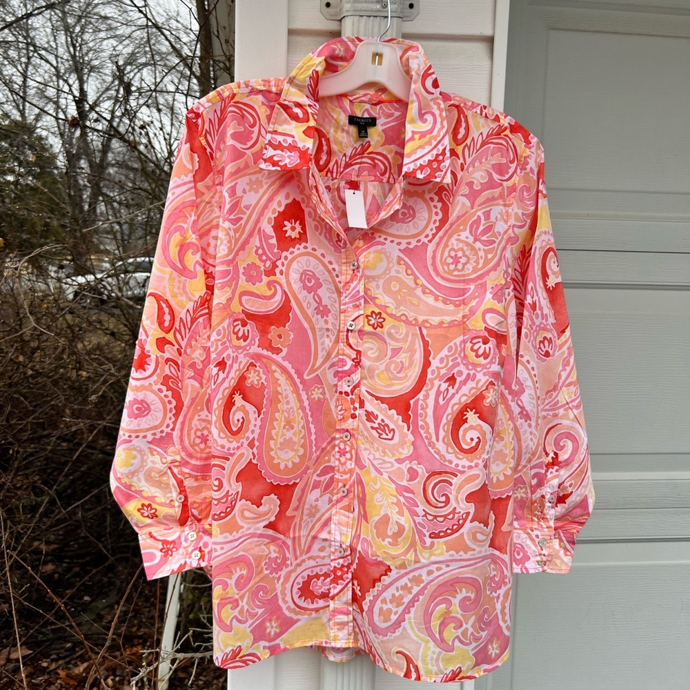 NWT Talbots Pretty Pinks Yellow White Paisley Cotton Long Sleeve Blouse